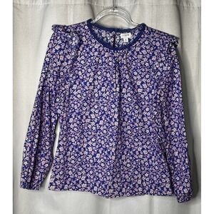 J. Crew Size M Floral Long Sleeve Ruffle Shoulder Top  Blouse Blue 100% Cotton